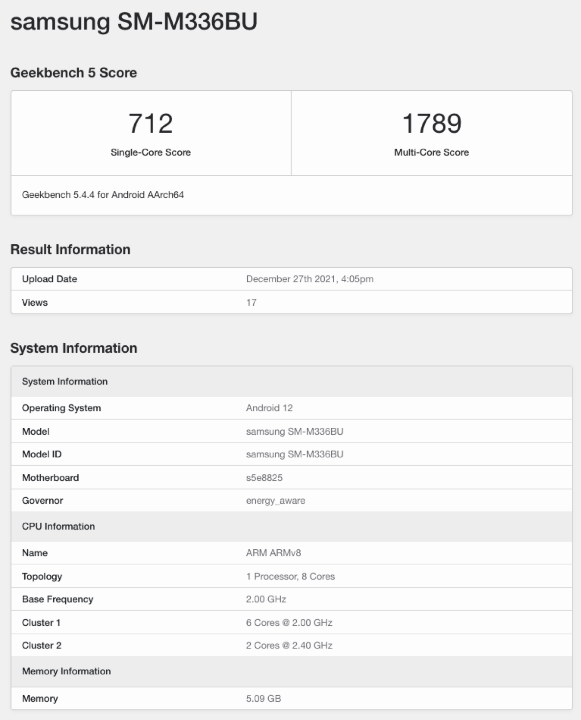 Samsung Galaxy M33 appears in the running database, equipped with Exynos 1200 processor and supports 5G